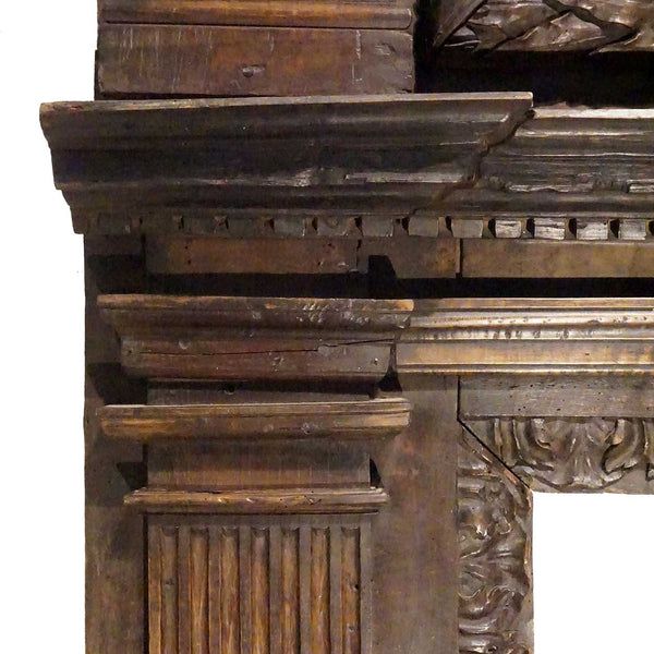 Large Rare Continental Renaissance Period Walnut Trumeau Fireplace Surround