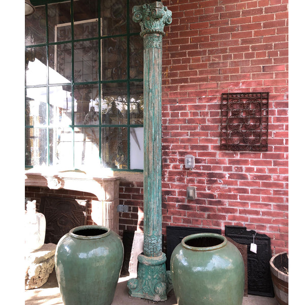 Pair of Anglo Indian Green Painted Teak and Limestone Columns