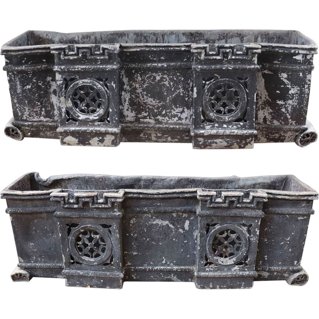 Large Pair of English Gothic Revival Painted Lead Manor House Scupper Boxes