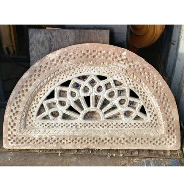 Rare Indian Limestone and Glass Jali Arched Transom Window