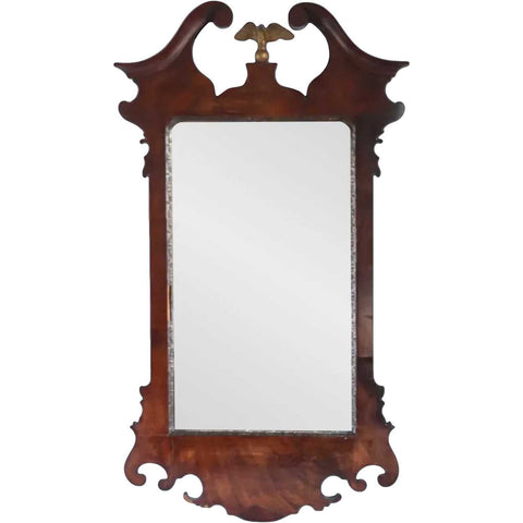 English Georgian Chippendale Mahogany Veneer Gilt Eagle Crest Wall Mirror