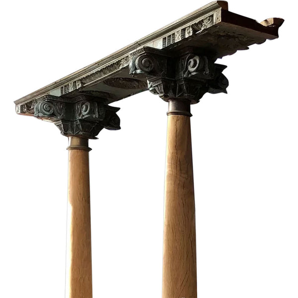 Pair of Indian Solid Satinwood, Brass and Teak Haveli Pillars with Beam
