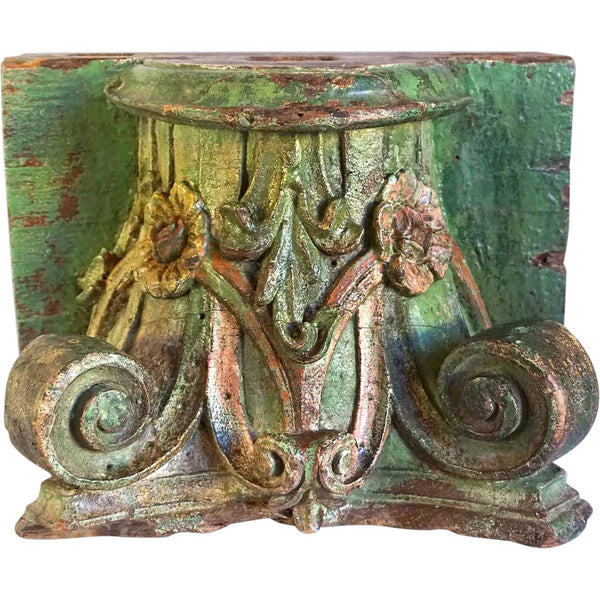 Indian Green Painted Teak Architectural Pilaster Column Capital