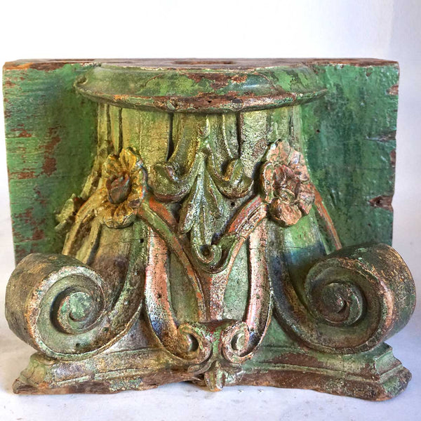 Indian Green Painted Teak Architectural Pilaster Column Capital