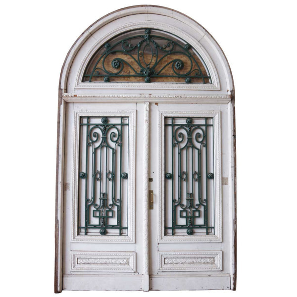 Large Argentine Beaux-Arts Painted Mahogany and Iron Double Door and Transom