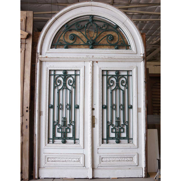 Large Argentine Beaux-Arts Painted Mahogany and Iron Double Door and Transom