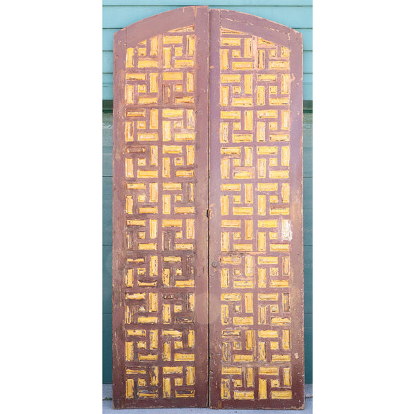 Large Moorish Painted Pine Arched and Panelled Double Door