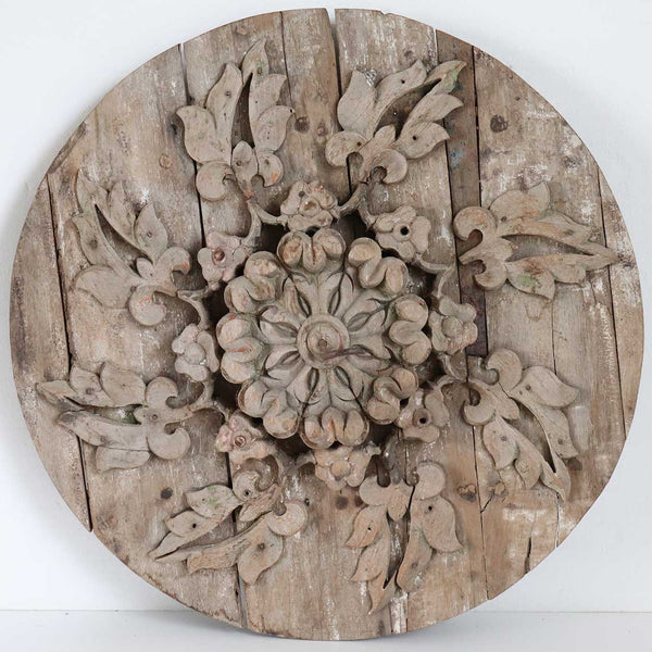 Large Indo-Portuguese Hand Carved Teak Ceiling Medallion with Iron Hook