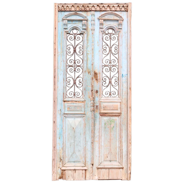 French Colonial Painted Pine and Wrought Iron Double Door