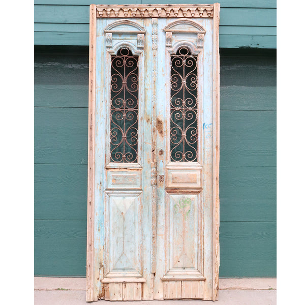 French Colonial Painted Pine and Wrought Iron Double Door