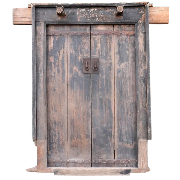 Chinese Shanxi Province Elm Double Door, Frame and Stone Bases