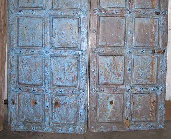 Indian Iron Mounted Painted Teak Paneled Double Door