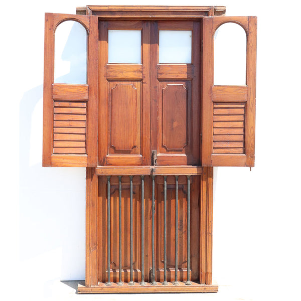 Anglo Indian Teak Louver Window with Frame and Iron Balcony Railing
