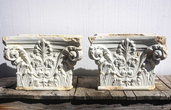 Pair American White Painted Terracotta Building Pillar Capitals