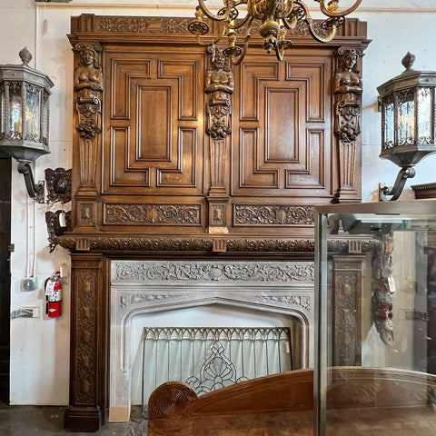 American Jacobean Revival Oak and Limestone Trumeau Fireplace Surround