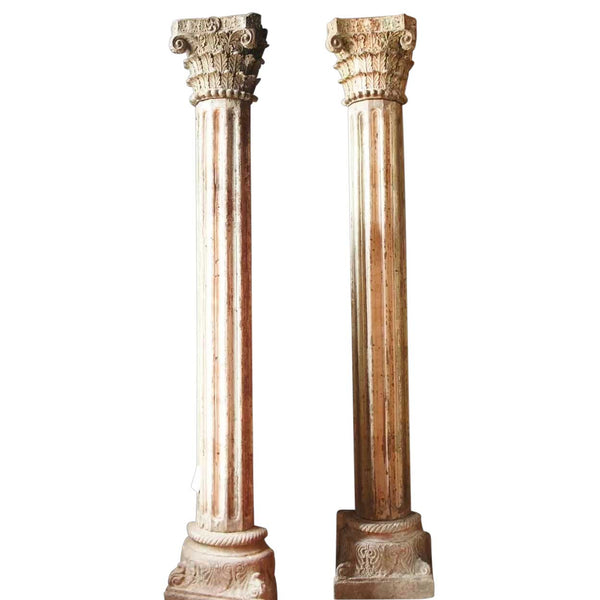 Pair of Anglo Indian Painted Teak and Limestone Architectural Pilaster Pillars