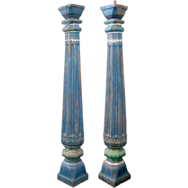 Pair of Indian Blue Painted Teak Architectural Columns