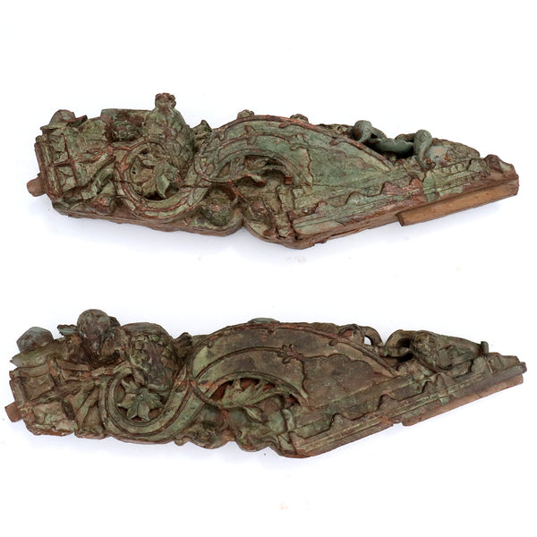 Pair of Indian Mughal Painted Teak Architectural Roof Eave Brackets