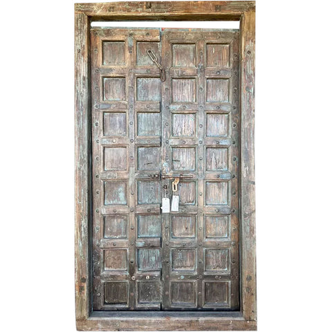 Indo-Portuguese Iron Nailhead Painted Teak Double Door with Frame