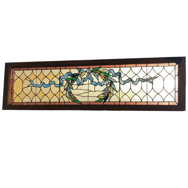 American Stained, Jewelled, Leaded Glass Wreath and Ribbon Transom Window