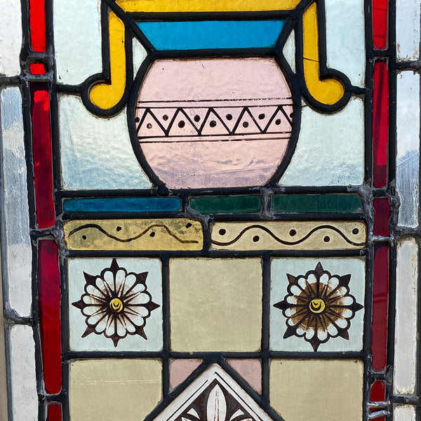 English Eastlake Stained, Jeweled and Leaded Glass Flowering Urn Window