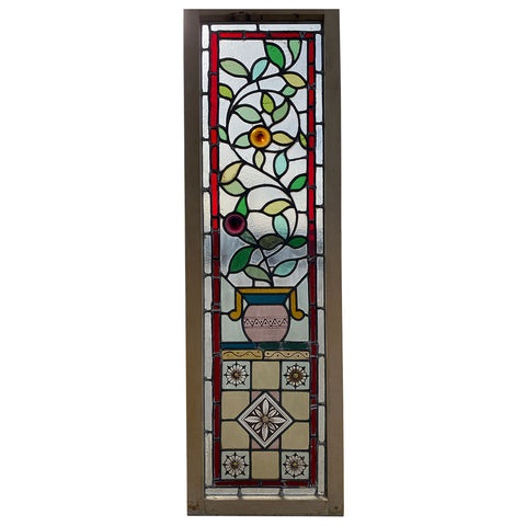 English Eastlake Stained, Jeweled and Leaded Glass Flowering Urn Window