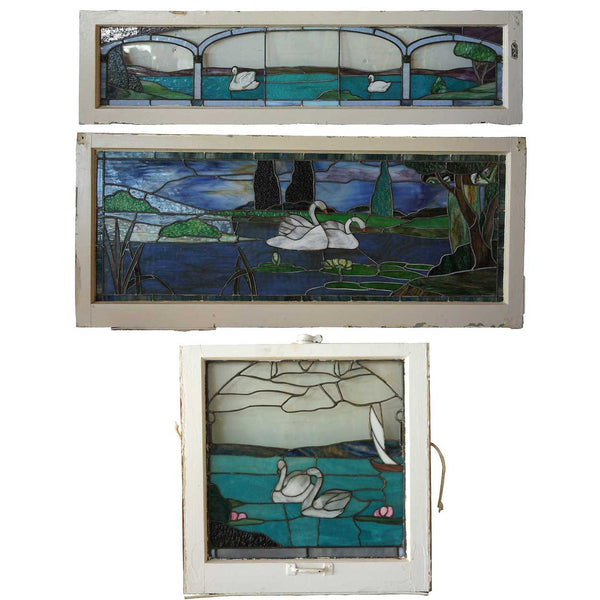 Set of Three American Arts and Crafts Stained, Leaded and Copper Foil Glass Scenic Swan Windows