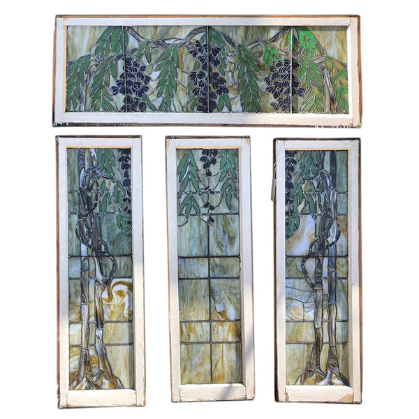 Four-Part American Stained and Leaded Glass Wisteria Staircase Landing Window