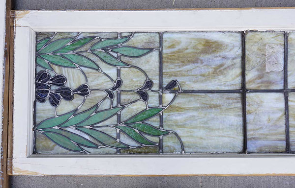 Four-Part American Stained and Leaded Glass Wisteria Staircase Landing Window