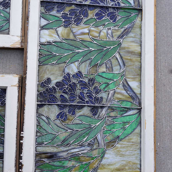 Four-Part American Stained and Leaded Glass Wisteria Staircase Landing Window