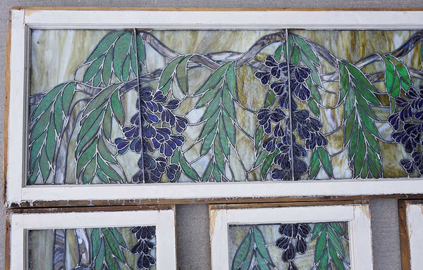 Four-Part American Stained and Leaded Glass Wisteria Staircase Landing Window