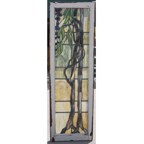 Four-Part American Stained and Leaded Glass Wisteria Staircase Landing Window