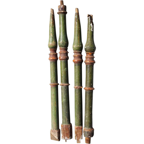 Set of Four Spanish Baroque Green Painted Pine Staircase Baluster Spindles
