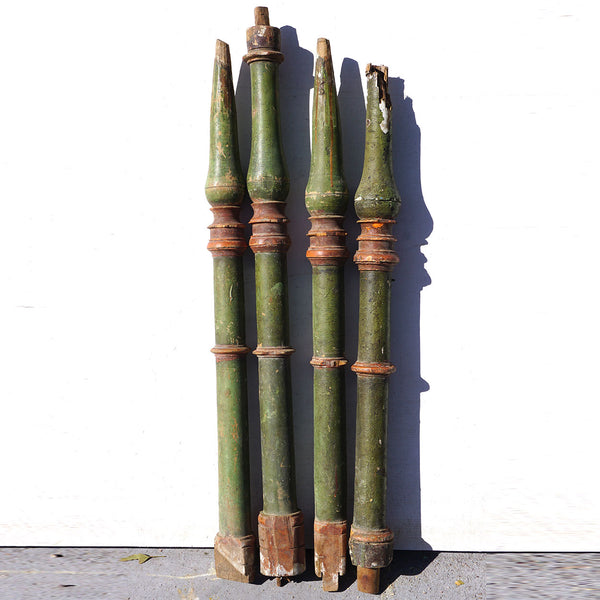Set of Four Spanish Baroque Green Painted Pine Staircase Baluster Spindles