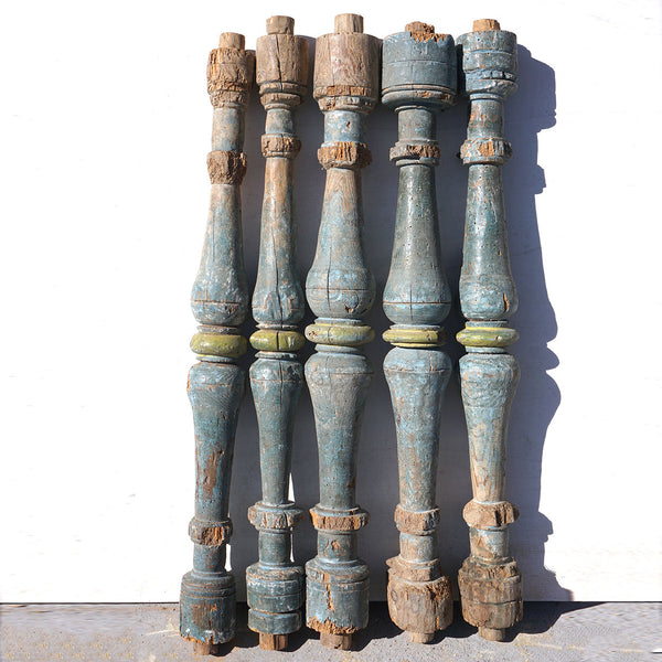Set of Five Spanish Baroque Blue Painted Pine Staircase Spindles