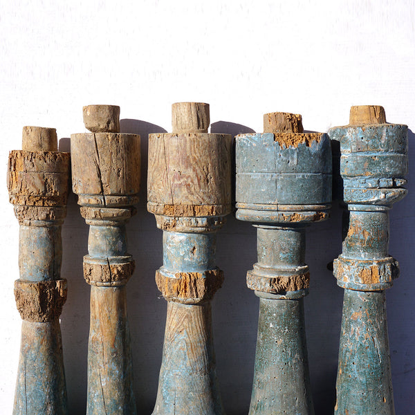 Set of Five Spanish Baroque Blue Painted Pine Staircase Spindles