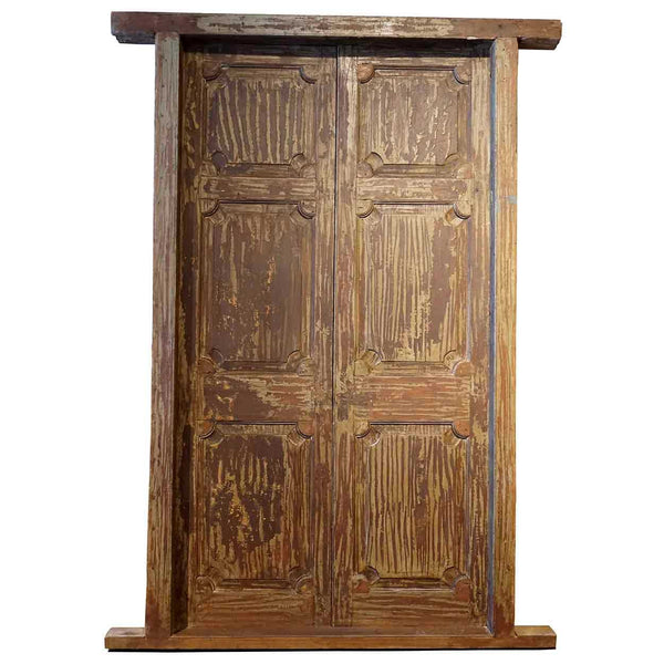 Large Indian Painted Teak Paneled Double Door with Jamb