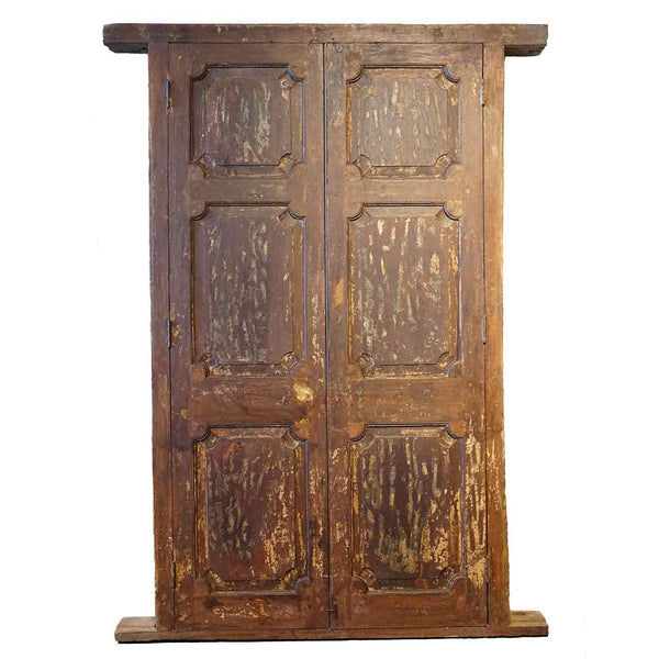 Large Indian Painted Teak Paneled Double Door with Jamb