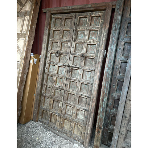 Large Indian Blue Painted Teak and Iron Mounted Double Door with Frame