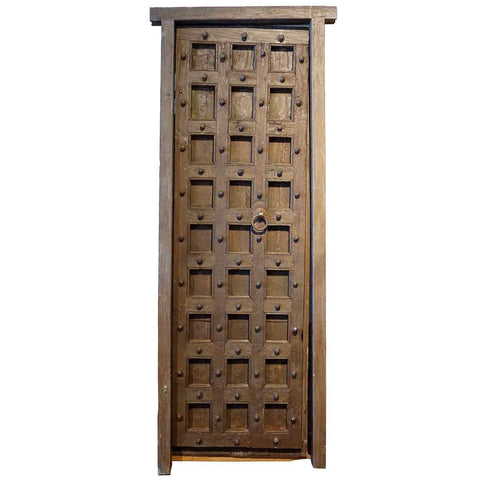 Indian Painted Teak and Iron Mounted (Clavos) Single Door with Frame