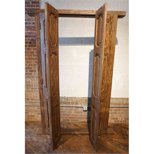 Large Indian Teak Paneled Bi-fold Double Door with Jamb