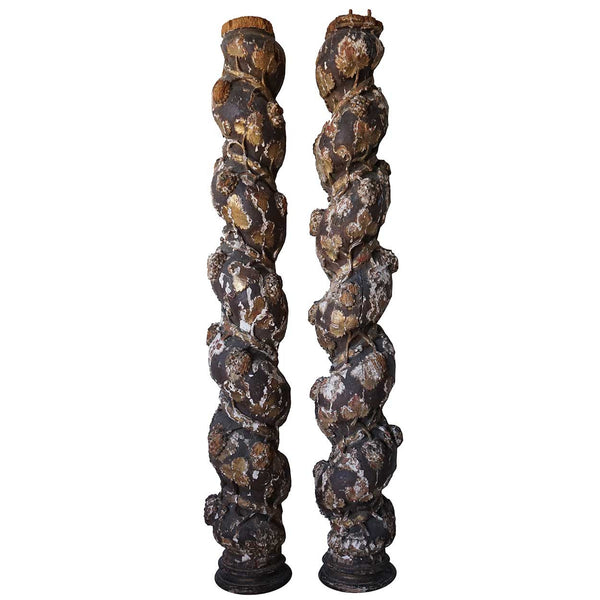 Pair of Spanish Baroque Pine Carved Grape Spiral Architectural Columns