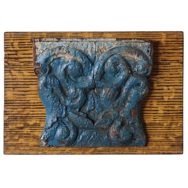 Small French Pilaster Capital Architectural Fragment With Old Blue Paint