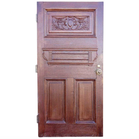 English Victorian Quarter Sawn Oak Carved Panel Single Door