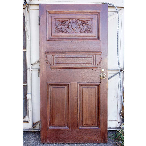 English Victorian Quarter Sawn Oak Carved Panel Single Door