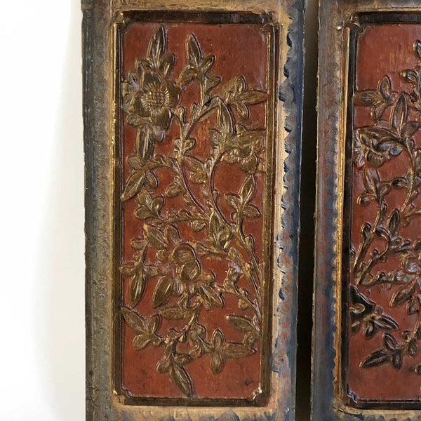Pair Small Chinese Qing Lacquered Wood Carved Floral Panels