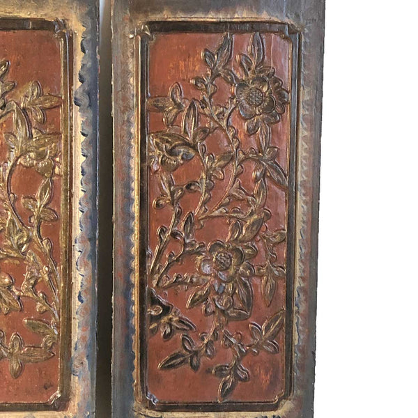 Pair Small Chinese Qing Lacquered Wood Carved Floral Panels