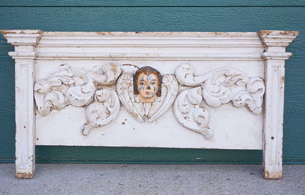 Indo-Portuguese Baroque Painted Teak Architectural Altar Angel Mask Wall Panel
