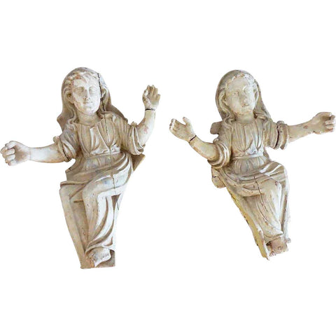 Large Pair Indo-Portuguese Baroque Painted Teakwood Architectural Altar Angels