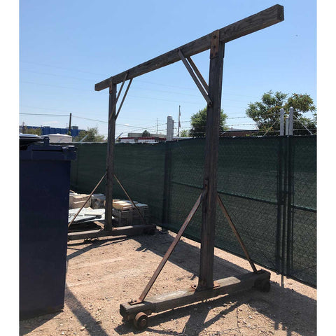 Vintage American Rustic Oak Industrial Gantry / Hoist Frame on Iron Wheels